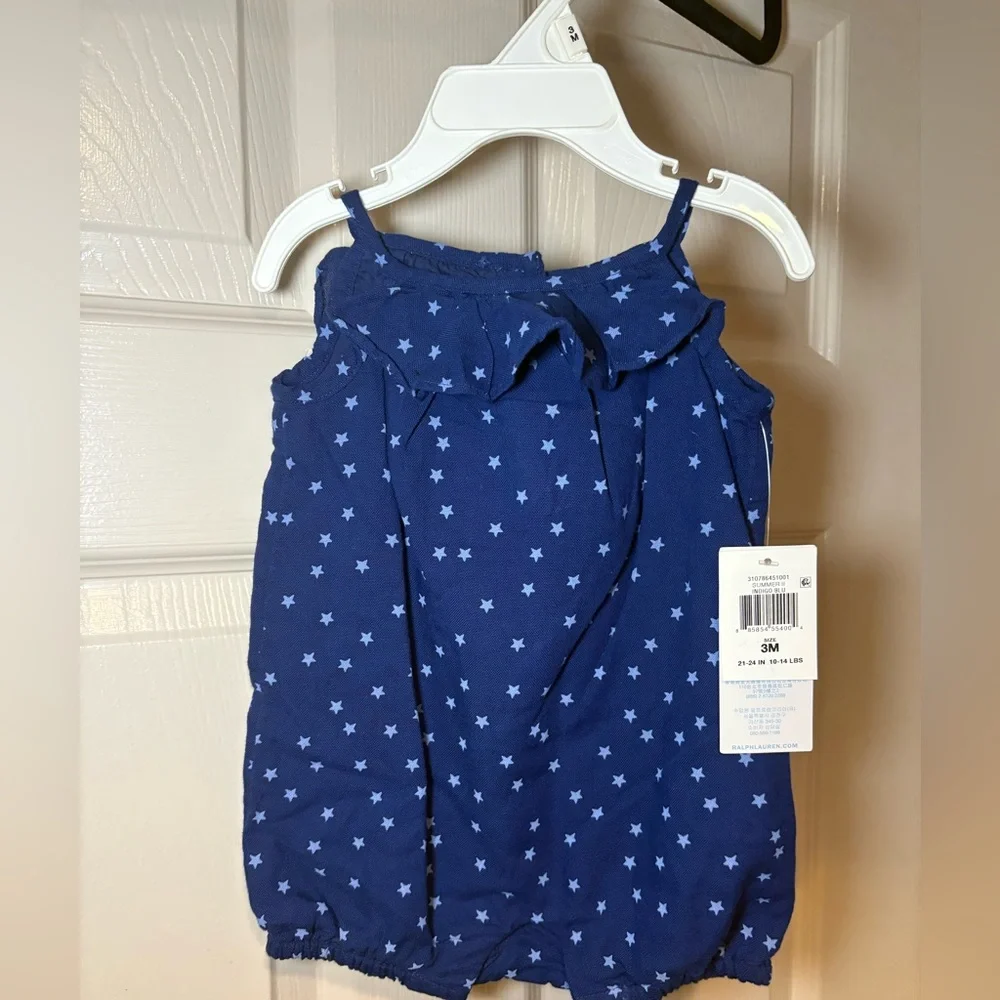 NWT Ralph Lauren Unisex Baby Midnight Blue Starry Romper Patriotic July 4 Summer